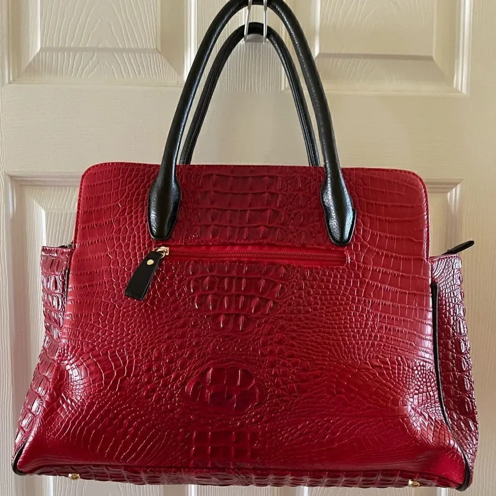 NWOT deep Red Croc embossed faux leather Satchel/shoulder bag  black trim&straps